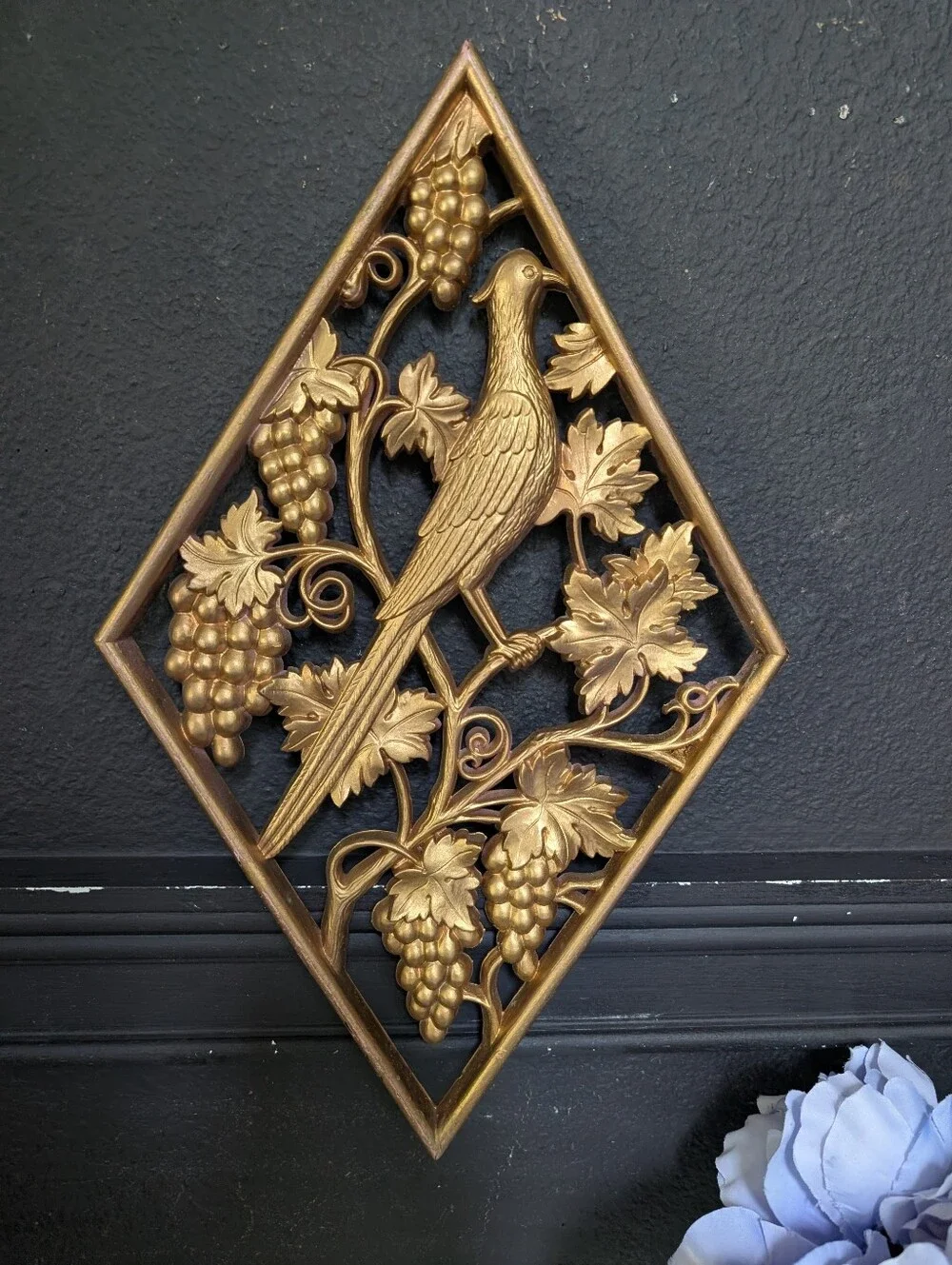 Vintage 70's MCM Gold Burwood Homco Bird Grapes Plaque Wall Decor Hanging, 16.5